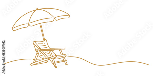 Beach chair and umbrella vector artwork with elegant golden line, suitable for summer vacation, beach resort