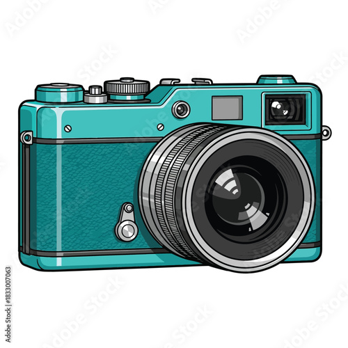 Vintage-style teal camera with prominent lens and classic design elements.