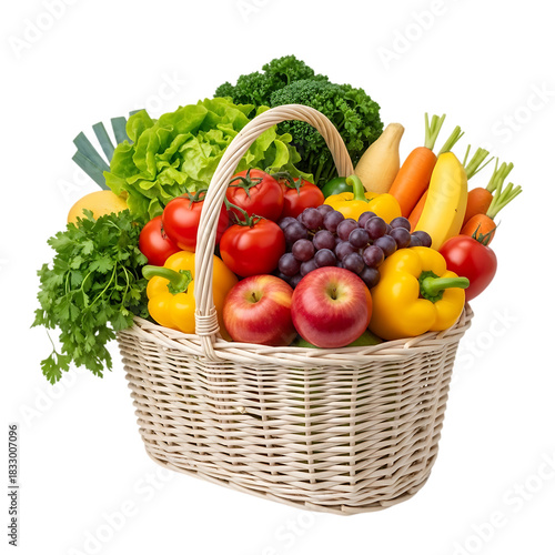 An abundant wicker basket brimming with a colorful variety of fresh organic fruits and vegetables,