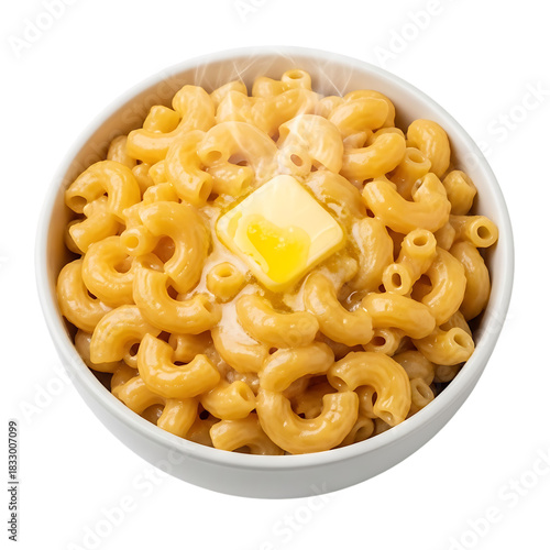 A comforting white bowl of hot macaroni and cheese steams as a pat of golden butter melts on top