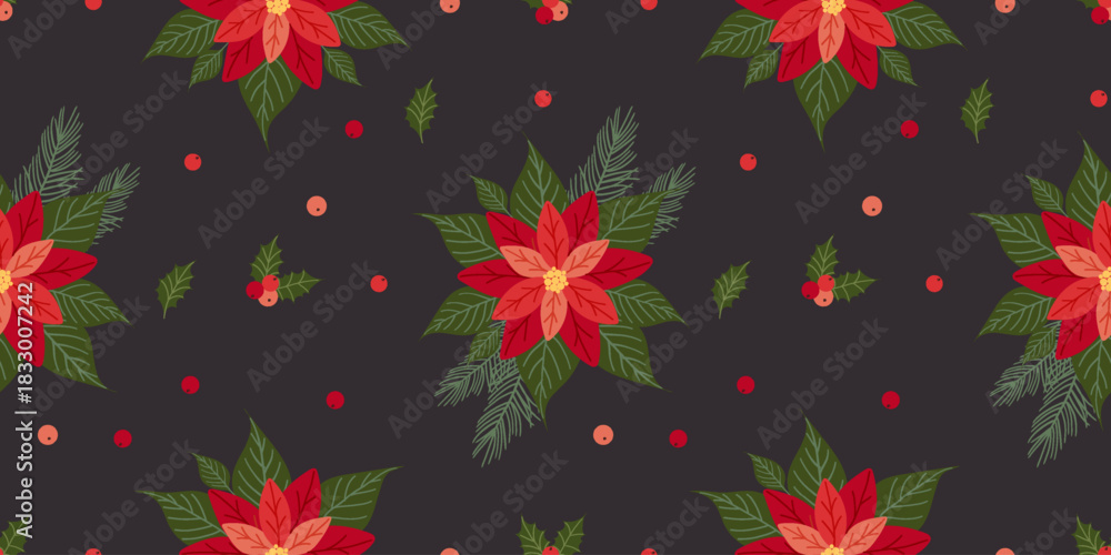 Obraz premium Christmas seamless pattern with Poinsettia flowers, holly plant, red berries and fir branches on black background. Elegant vintage Xmas floral print for fabric, wrapping paper, wallpaper, textile.