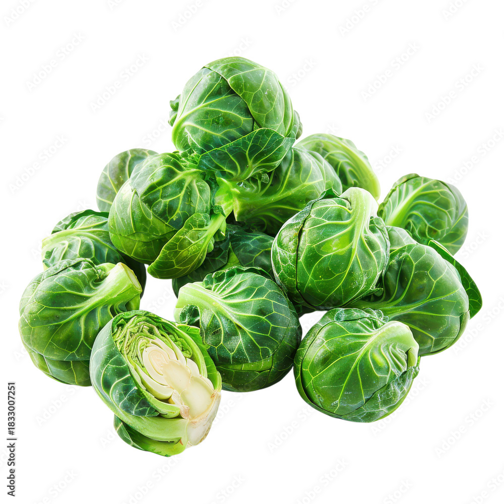 Fototapeta premium Fresh green Brussels sprouts stacked together ready for cooking or meals in a bright kitchen setting on transparent background