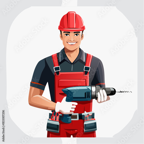 Smiling construction worker holds power drill on job site, ready to start building with determination and a positive attitude.