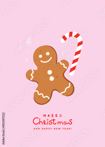 Cute Christmas greeting card, poster, banner, cover in trendy hand drawn style. Modern Xmas design with gingerbread man, candy cane. Vector illustration