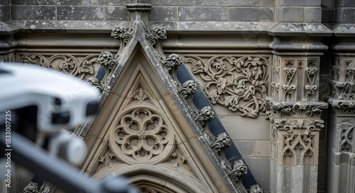 Closeup of a drone in front of ornate gothic architecture.