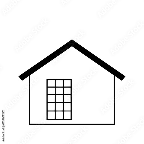 Black vector house with a sharply pitched roof, a grid window with thin black lines forming a precise lattice pattern, and a single upper square window with a simple frame, all drawn with rigid simpli