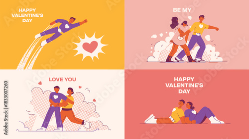 Four valentine s day themed illustrations featuring couples in romantic poses and a superhero flying with a heart symbol conveying love and celebration