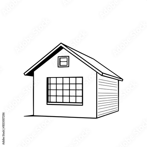 Black vector house with a sharply pitched roof, a grid window with thin black lines forming a precise lattice pattern, and a single upper square window with a simple frame, all drawn with rigid simpli