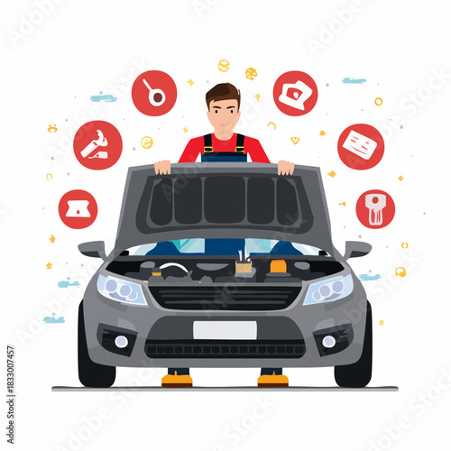 Mechanic standing in front of car with open hood performing maintenance in auto repair shop with tools displayed around him, representing automotive service.