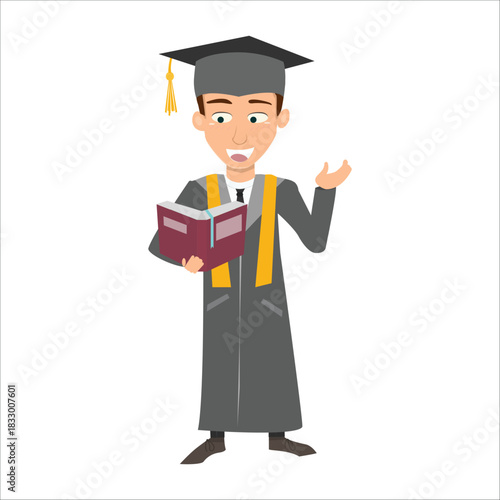 Graduate student holding an open red book and gesturing as if explaining a lesson