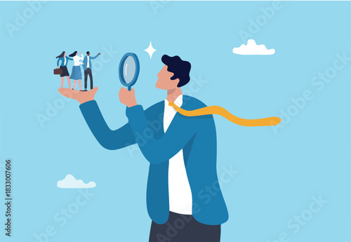 Analyze candidate, employee performance review, evaluation or analysis, choose recruitment applicants, staff or finding right person for job concept, businessman analyzing employee or job