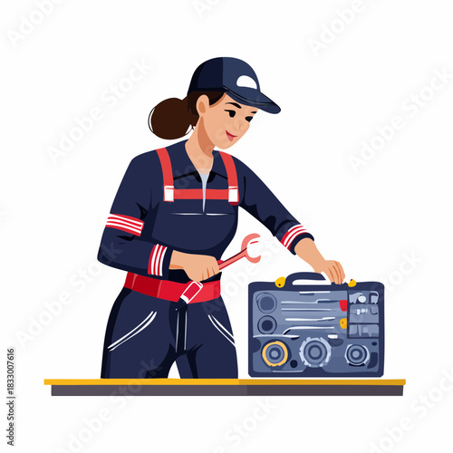 Smiling female mechanic opens toolbox in workshop, ready to fix machinery with determination and expertise, showcasing skilled labor and empowerment.