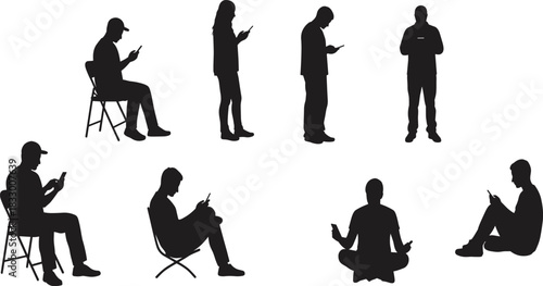 Smartphone usage icon set, silhouette people sitting and standing with mobile devices, black and white illustration, technology, lifestyle, posture, vector grid