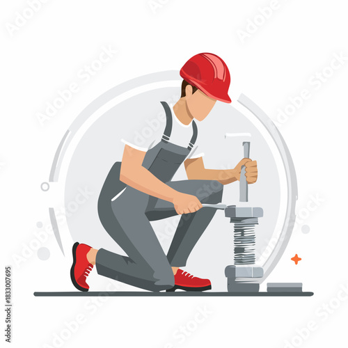 Construction worker tightening bolts on pipeline in industrial setting with wrench, showcasing precision and focus in demanding environment.