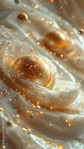 Golden cosmic abstract background with glowing spheres for luxury phone wallpaper, jewelry branding and spiritual energy posters 