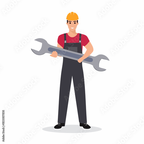Smiling construction worker holding large wrench in industrial setting, showcasing strength and expertise in a confident and professional manner.
