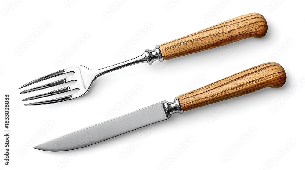 Fototapeta premium Carving knife and fork set with wooden handles isolated on white background
