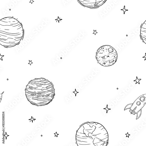 Planets and stars, simple children's drawing, sketch. Vector illustration. Seamless pattern is isolated on a white background. For postcards, invitations, children's parties and printing on textiles