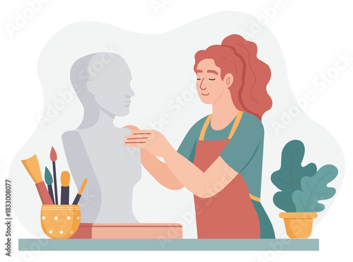 Female artist works on the bust sculpture. Woman sculptor carefully shapes the sculpture, surrounded by tools and calm creative atmosphere. Sculptor at work vector illustration in flat style.