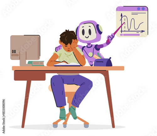 Artificial intelligence robot character helping upset Asian boy stuck with school homework flat vector illustration isolated on white.