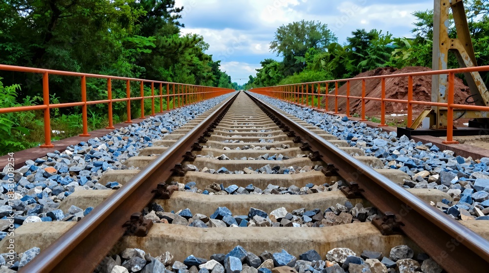 Naklejka premium Perspective view of railway tracks leading through lush greenery with a bright sky above