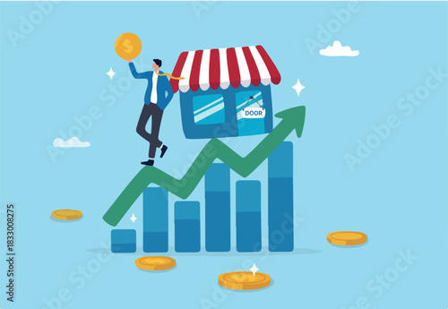 Success small business, entrepreneur growing retail store, marketing growth, business owner or sale and merchandise concept, businessman entrepreneur business owner on growing graph and chart