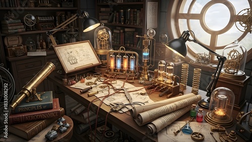 Steampunk inventor’s workshop filled with gears, blueprints, and glowing tubes, high-detail still life.
