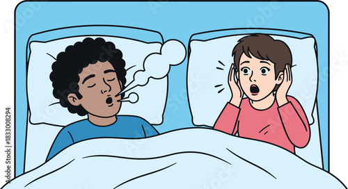 Snoring person disturbing bed partner’s sleep, vector illustration for sleep health, bedtime humor, and relationship dynamics concept
