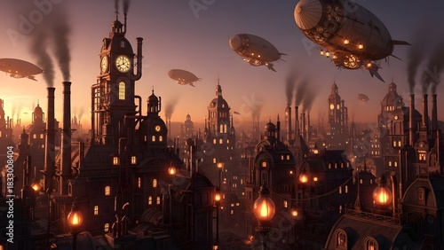 Steampunk city skyline with smokestacks, glowing lanterns, and zeppelins in the sky.