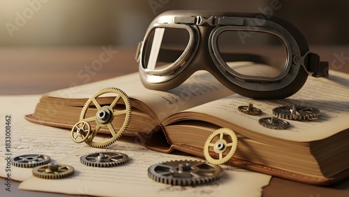 Goggles resting on a leather-bound journal with scattered gears, warm-toned still life.