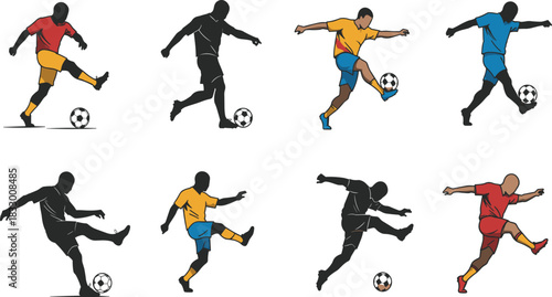 Soccer icon set, player silhouettes and colored figures in kicking motion with ball, sport, action, movement, vector design, grid
