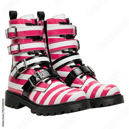 Bold and glossy combat boots feature a striking pink and white stripe pattern with multiple buckled straps and a chunky sole