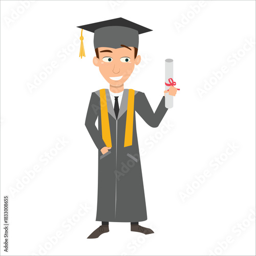 Proud graduate student standing and holding a rolled diploma certificate