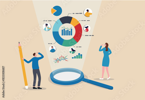 Market research, marketing or advertising survey to launch product, competitors research or social media report marketing report concept, business people look at magnify market data chart and graph.