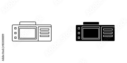 Car radio or dashboard display icon set, featuring both outline and solid black versions for electronic devices
