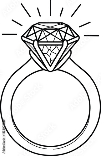 Sparkling Diamond Engagement Ring Line Art; Black and White Icon of Solitaire Jewelry for Marriage Proposal, Wedding, Luxury, and Romance Concepts; Simple Vector Illustration of a Precious Gemstone.