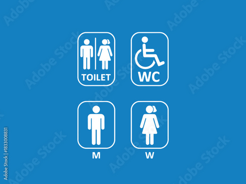 Four distinct pictogram signs for public restrooms, including male, female, unisex, and accessible facilities, are displayed on a blue background.