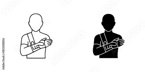 Two icons of a person wearing an arm sling for injury recovery, outline and silhouette, isolated on