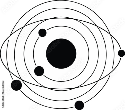 Abstract atomic model illustration featuring a central nucleus surrounded by orbiting electrons