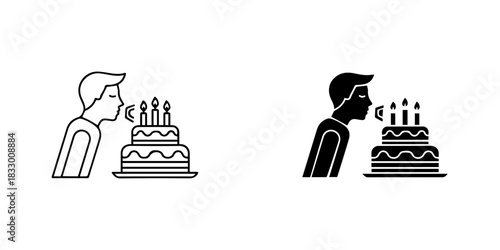 Person blowing out birthday candles on a cake, celebration icon set in outline and solid styles