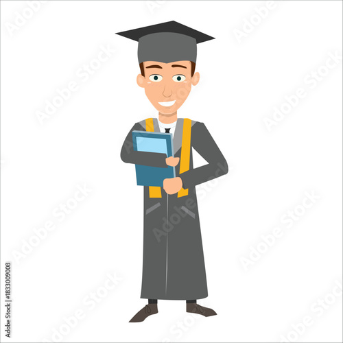 Graduate student holding a blue book or thesis folder against his chest