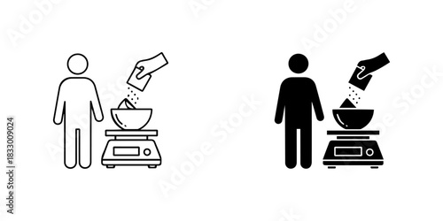 Icons of a person weighing ingredients on a kitchen scale with a hand pouring, isolated on