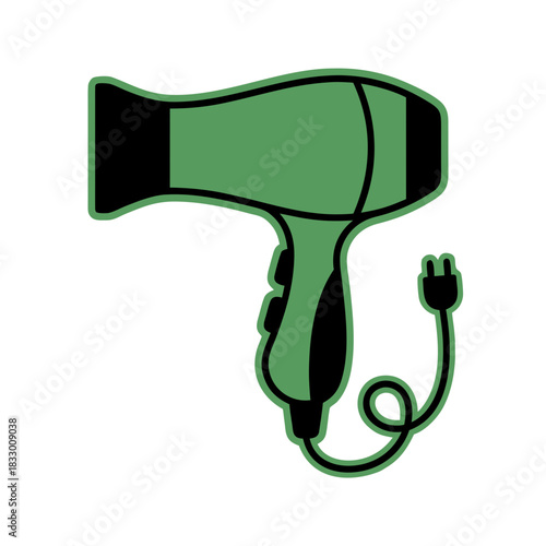 Green Hair Dryer Outline with Shadow on Black Background Simple Flat Vector Art Clean Sticker Style 2D