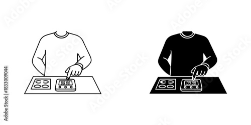User interacting with control panel icons outline and silhouette versions, isolated on