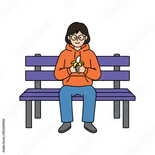 Person Wearing Orange Hoodie and Blue Jeans Sitting on Purple Bench Holding a Banana Outdoors