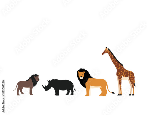 A Collection Of African Safari Animals Including A Lion A Rhino And A Giraffe Standing On A Black Background Detailed Vector Illustration