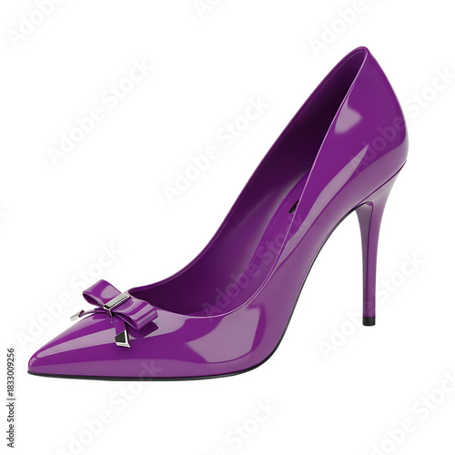 A vibrant purple high-heeled pump with a glossy finish a stiletto heel and a delicate bow on its pointed toe isolated on black