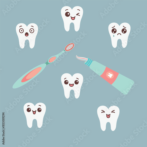A vector illustration of kawaii teeth expressing various emotions, a toothbrush, and toothpaste. Perfect for dental care, dentistry, and posters.