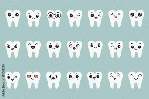  Vector illustration of cute tooth emoticons displaying different facial expressions such as happiness, sadness, surprise, and more. Perfect for dental or health-themed designs.