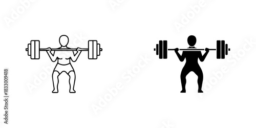 Person performing barbell squat exercise, fitness and strength training icon set